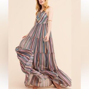 Love Sam Winnie Stripe Tiered Halter Summer Boho Maxi Dress size M